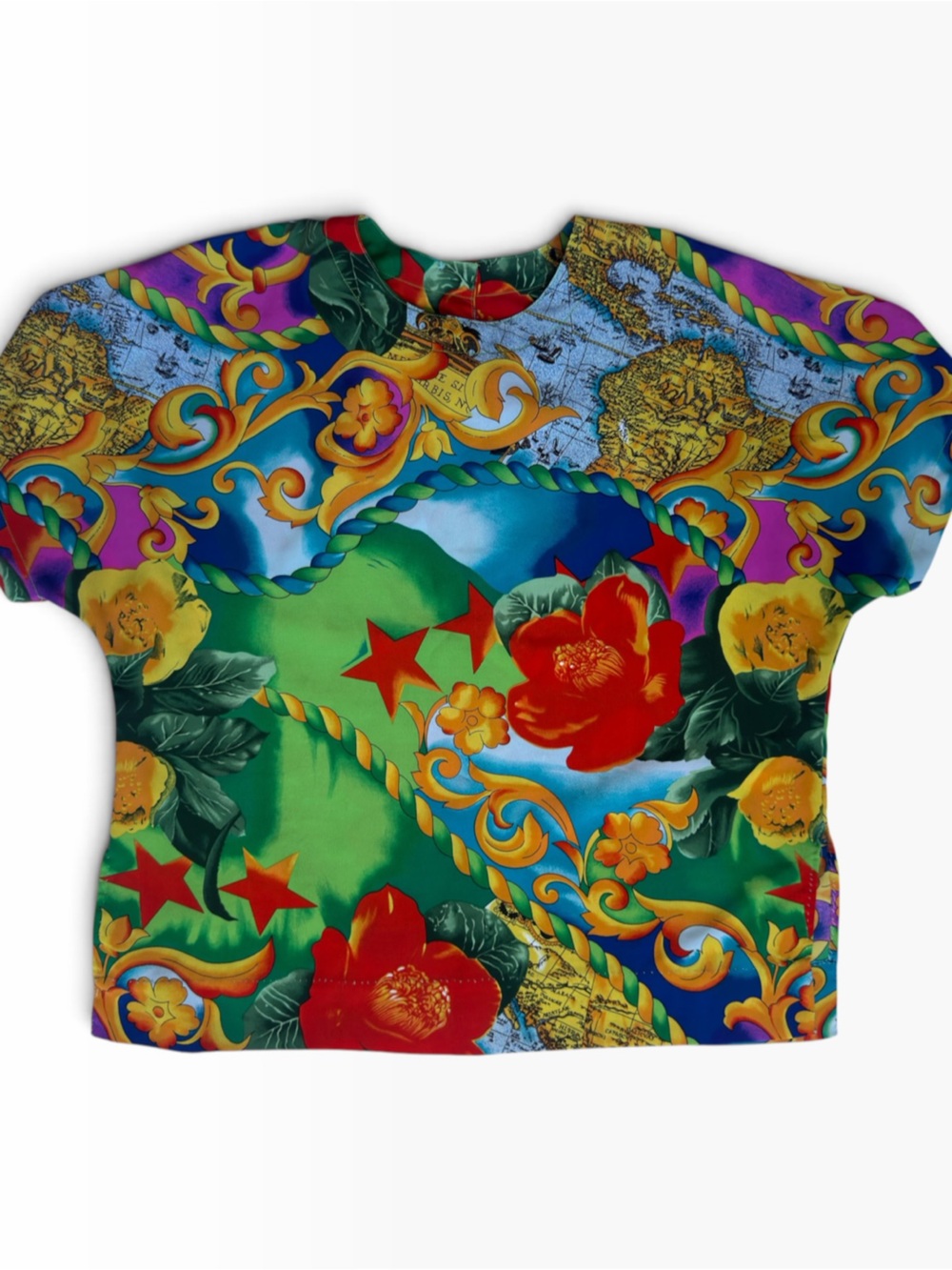 Vintage Multicolor Floral & Baroque Print Crop Top in Green & Red